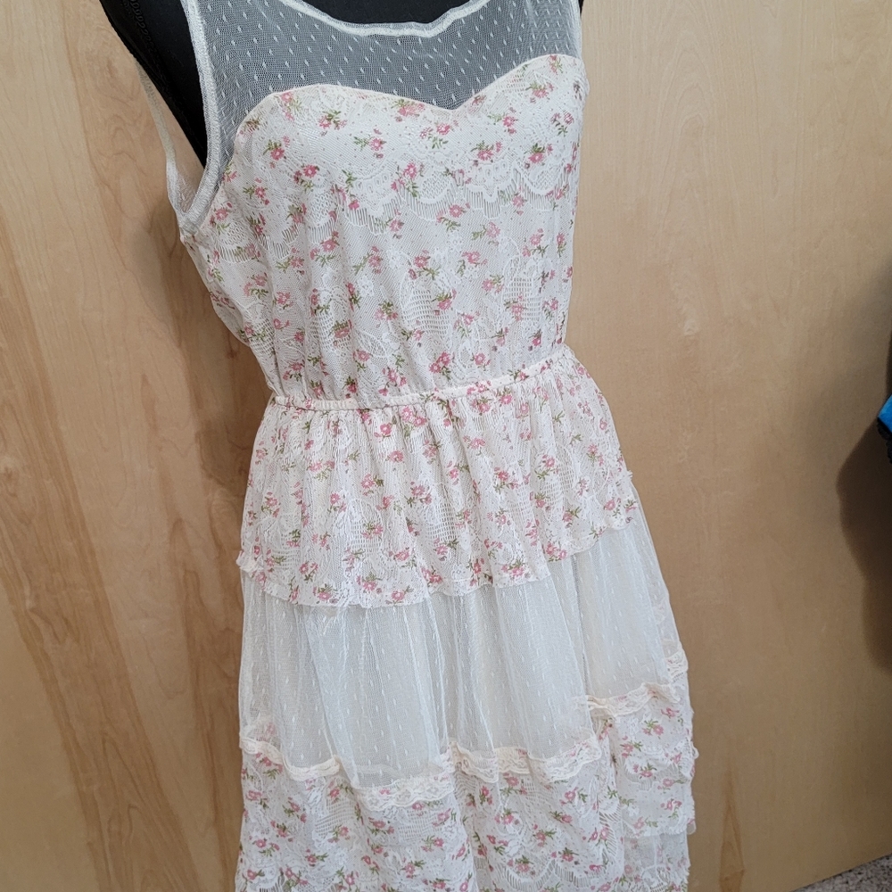 Ultra Pink Floral White and Pink Lace Mini Dress